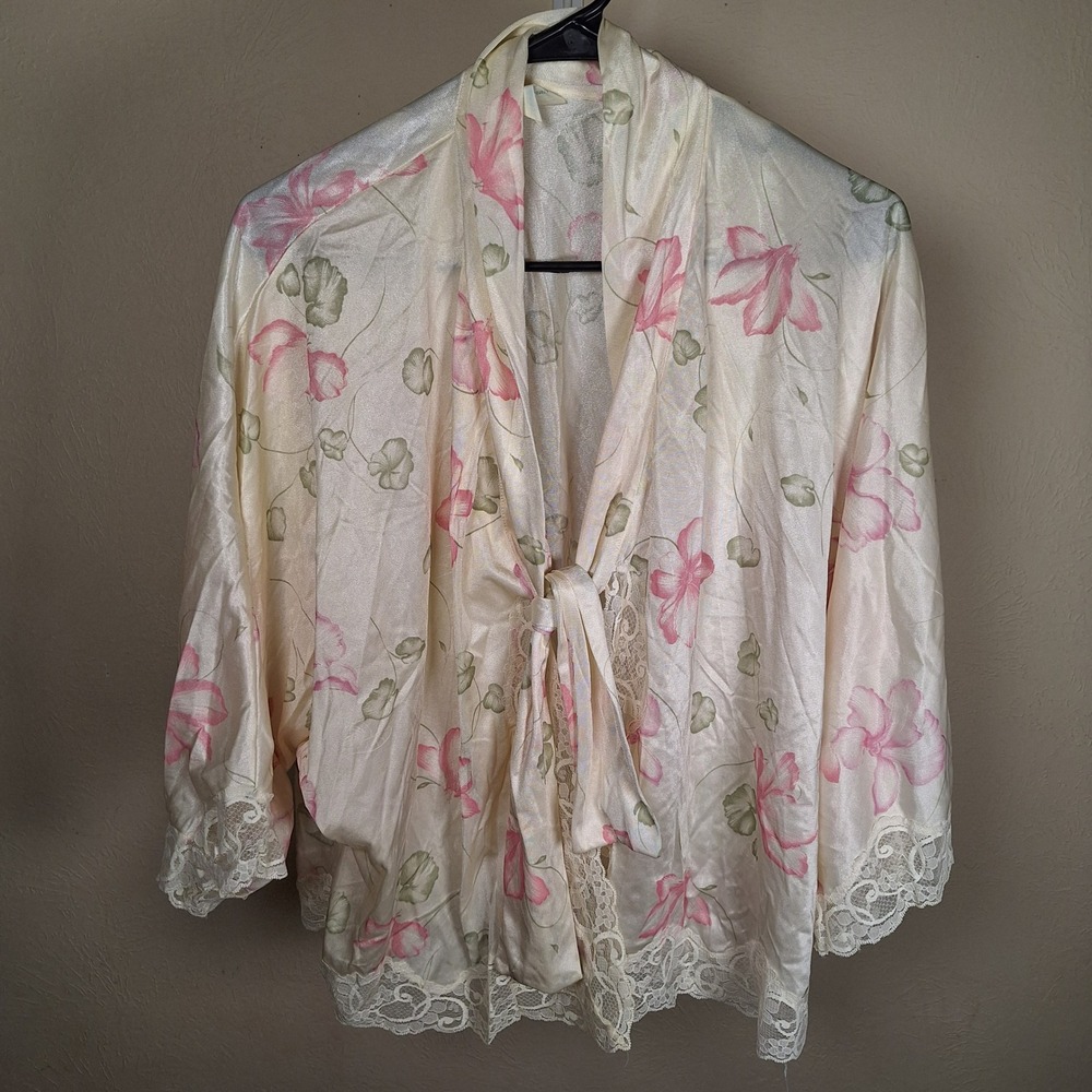 JCPenney‎ Vintage Union Romantic Lace Satin Floral Roses Bed Jacket Tie Front XL